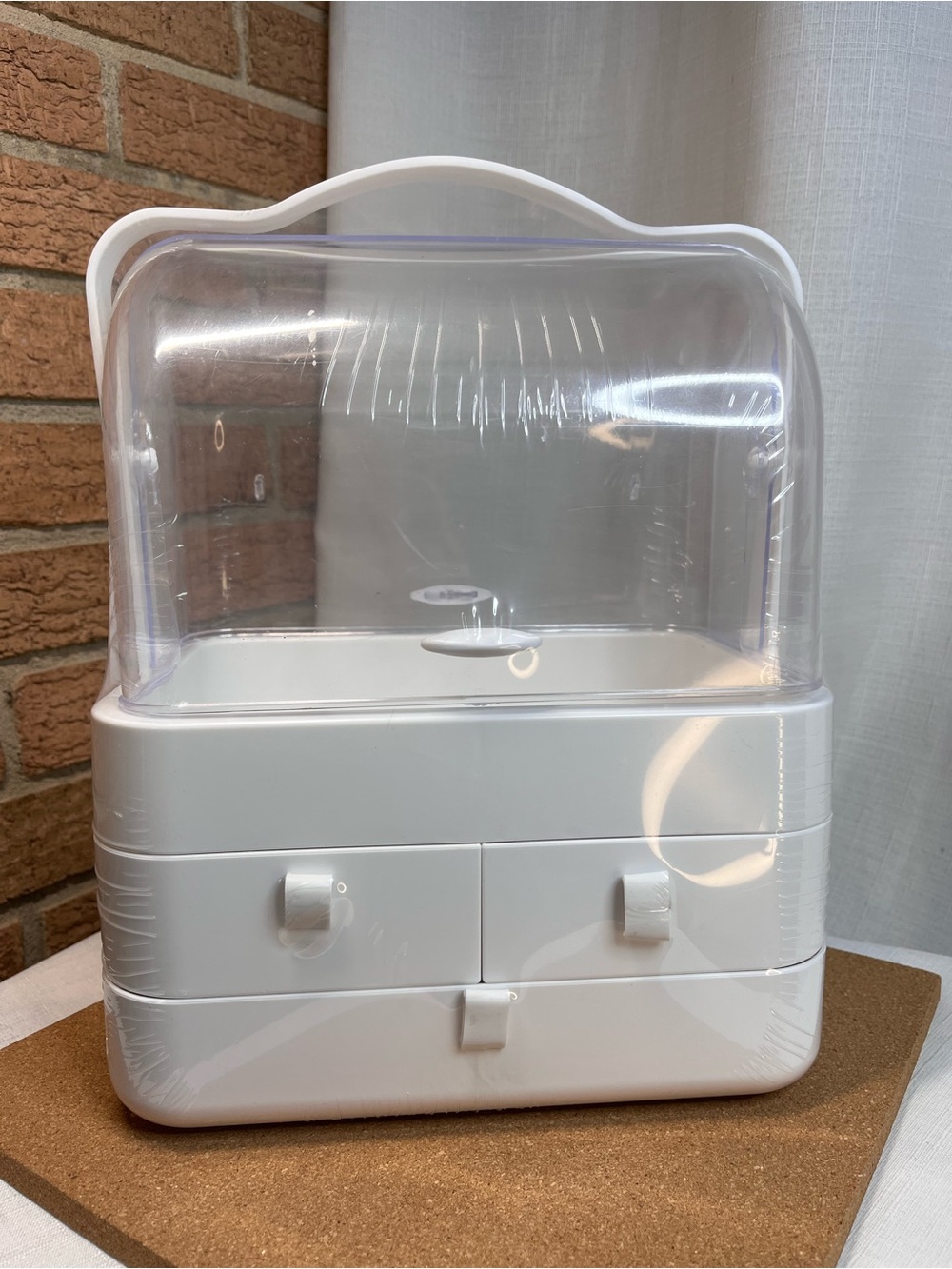 White Makeup Organizer Vanity Cosmetic Storage Clear Dome 3 Drawers NWT